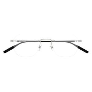 Rimless eyeglasses with a slim metal bridge and black temple tips; Montblanc logo on the temple.
