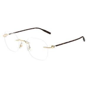 Gold-tone metal eyeglasses with clear lenses, adjustable nose pads, and tortoiseshell patterned temples.