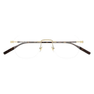 Rimless eyeglasses with a gold bridge and tortoiseshell temples, Montblanc branding on the temple