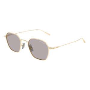 Gold-tone aviator sunglasses with gray lenses and adjustable nose pads on a white background