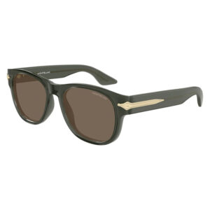 Montblanc dark green sunglasses with brown lenses and gold side accents, angled view showing frame and temple details