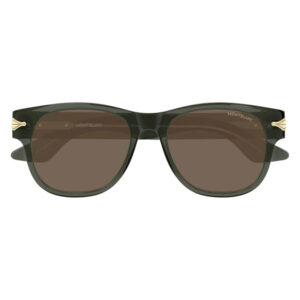 Montblanc sunglasses with a dark green frame, brown lenses, and gold accents at the temples (front view)