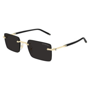 Montblanc sunglasses with rectangular dark lenses and gold-accent frame on black temples, brand visible on lens edge