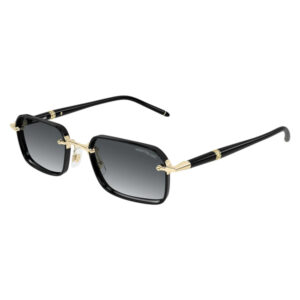 Black square sunglasses with gradient gray lenses and gold-tone bridge accents, Montblanc logo visible on lens corner.