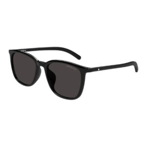 Black Wayfarer-style sunglasses with dark lenses and brand detail on the lens (Montblanc).