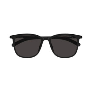 Black rectangular sunglasses with dark lenses and subtle branding on the temples across the front edge of the frame.