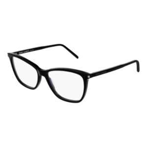 Black rectangular eyeglasses with slim black frame and Saint Laurent branding on the temples (front view).