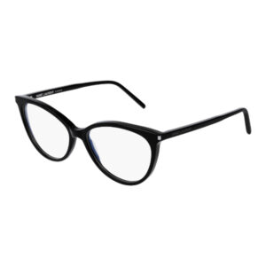 Black Saint Laurent eyeglasses with a glossy black frame and clear lenses (cat-eye shape).