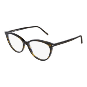 Saint Laurent Paris tortoiseshell round eyeglasses on a white background.