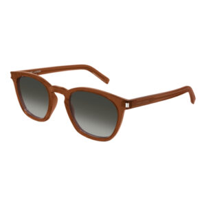 Brown tortoiseshell sunglasses with round frames and gray gradient lenses, brand-name temples visible on the arms