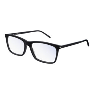 Black rectangular eyeglasses with a glossy black frame, silver hinge accent, and Saint Laurent branding on the temple.