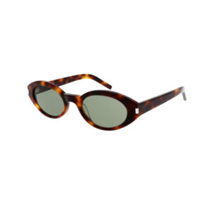 Tortoiseshell sunglasses with oval green lenses viewed at a slight angle.
