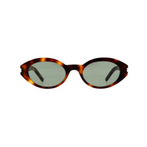 Oval tortoiseshell sunglasses with green lenses on a white background.