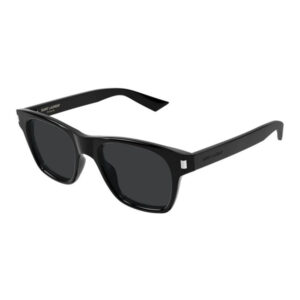 Black Saint Laurent sunglasses with rectangular dark lenses and slim black frame on white background.