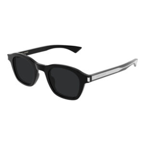 Black Saint Laurent sunglasses with dark rectangular lenses and gray temples, shown from a slight angle.