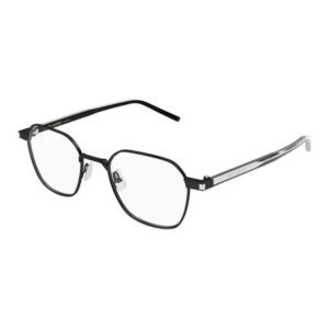 Black metal eyeglasses with clear lenses and silver temples on a white background