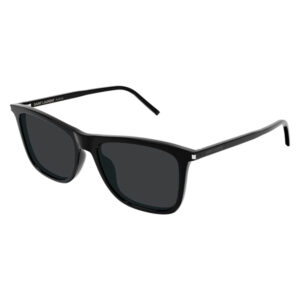 Black Saint Laurent sunglasses with dark lenses, angled to show the rectangular frame and branding on the temples.