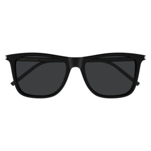 Black Saint Laurent sunglasses with rectangular frames and dark lenses, shown front-on.