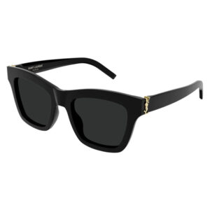 Black Saint Laurent sunglasses with rectangular lenses and a gold logo detail on the temple.
