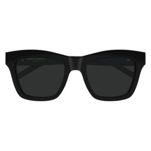 Black Saint Laurent sunglasses with thick square frames and dark lenses, Paris label visible on the front edge of the temples