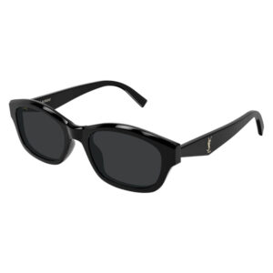 Black rectangular sunglasses with dark lenses and a glossy acetate frame, featuring a gold YSL logo on the temple.