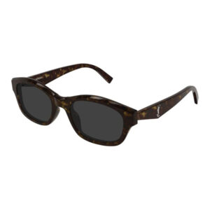 Rectangular tortoiseshell sunglasses with dark lenses and a small YSL logo on the temple.
