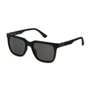 Black rectangular-frame sunglasses with dark gray lenses on a white background.