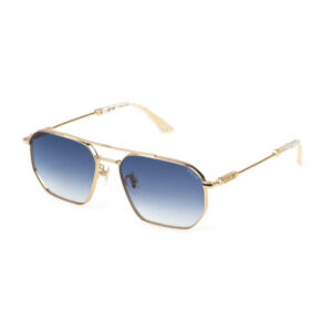 Gold metal aviator sunglasses with blue gradient lenses, angled to show frames and nose pads