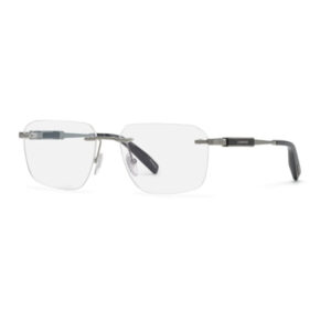 Rectangular wire-frame eyeglasses with clear lenses and adjustable nose pads; brand name on temple.