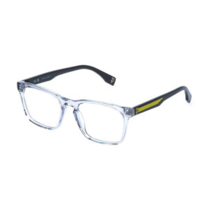 Clear-framed eyeglasses with black temples and yellow stripe accents on the arms, shown from a slight angle on a white background