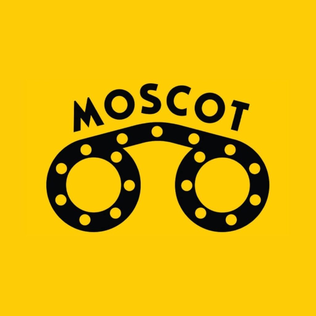 Moscot logo: black circular-frame glasses with dot accents on a bright yellow background
