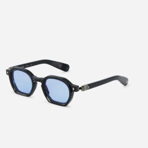 Black square-frame sunglasses with blue mirrored lenses on a white background.