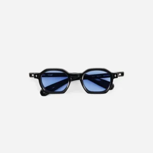 Black-frame sunglasses with blue gradient lenses on a white background