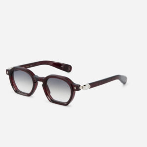 Burgundy square-frame sunglasses with gradient gray lenses and silver hinges on a white background.