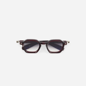 Pair of dark burgundy rectangular eyeglasses with metal accents on the temples, viewed head-on against a white background.