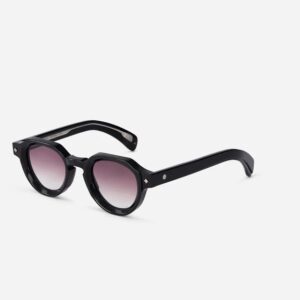 Black frame sunglasses with rounded lenses and pink-to-purple gradient lenses on a light background.