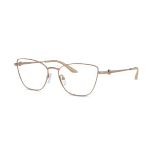 Beige metal-frame eyeglasses with nose pads and thin temples on a white background