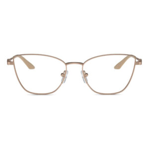 Rose-gold metal eyeglasses with adjustable nose pads, shown from the front with clear lenses.