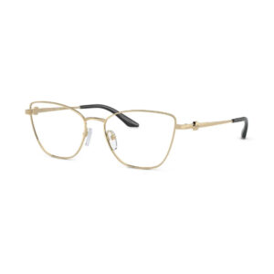 Gold metal rectangular eyeglasses with adjustable nose pads and black temple tips on a white background.