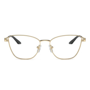 Gold metal eyeglass frame with rectangular lenses and black temple tips, front view