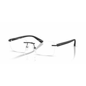 Rectangular rimless eyeglasses with black temples on a white background.