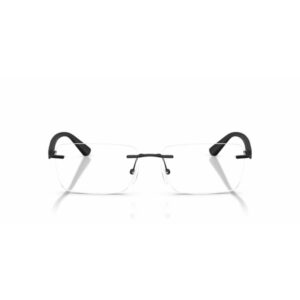 Rimless eyeglasses with black temples on a white background.