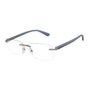 Rimless rectangular eyeglasses with clear lenses, slim metal bridge, and blue plastic temples.