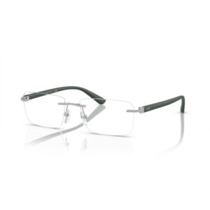 Rimless eyeglasses with a thin metal bridge, clear lenses, and dark green temple arms on a white reflective surface