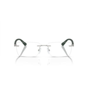 Rimless eyeglasses with clear lenses and dark curved temples bonded to the rims at the sides.
