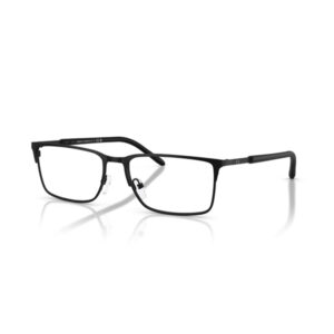 Black rectangular eyeglasses with a slim frame and adjustable nose pads on a white background.
