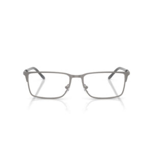 Rectangular gray metal eyeglasses with nose pads and thin frames, rimless bottom edges