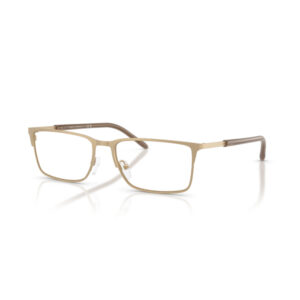 Beige rectangular eyeglasses with a thin metal frame, clear lenses, and adjustable nose pads on a white background.