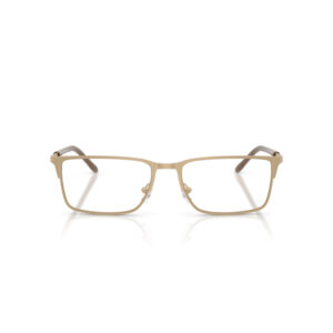 Gold rectangular eyeglasses with clear lenses and brown temples, front view.
