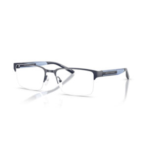 Rectangular blue frame eyeglasses with clear lenses and nose pads, shown at an angle.
